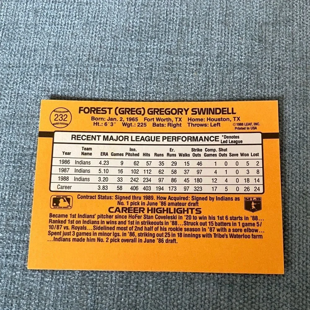 1989 Donruss Cleveland Indians Baseball Card Trading Card